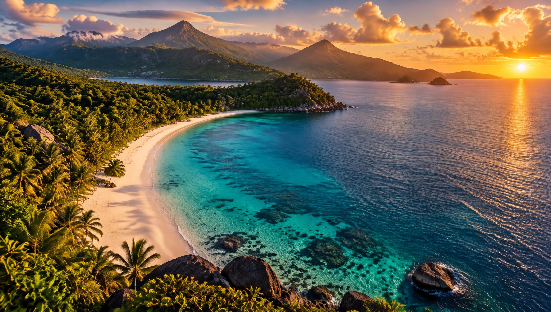 Aerial view of a turquoise tropical bay at golden hour